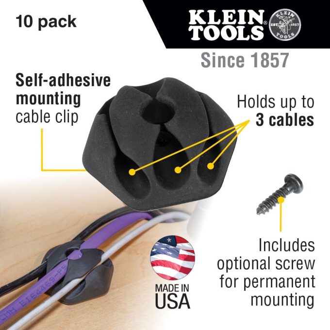 Klein Tools 450-410 Self-Adhesive Cable Mounting Clips, 3-Slot (10-Pack) - Image 11