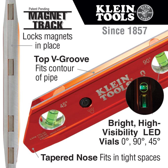 Klein Tools 935RBLT Lighted Level, Magnetic Torpedo, 3 Vial, V-Groove and Magnet Track - Image 8