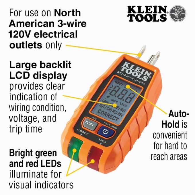 Klein Tools RT250 GFCI  Receptacle Tester with LCD Display, for Standard  3-Wire 120V Electrical Outlets - Image 3